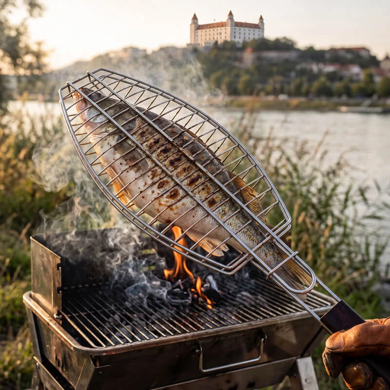 BBQ grilovací rošt na ryby – nerezové grilovacie kliešte 65 × 15 × 4 cm
