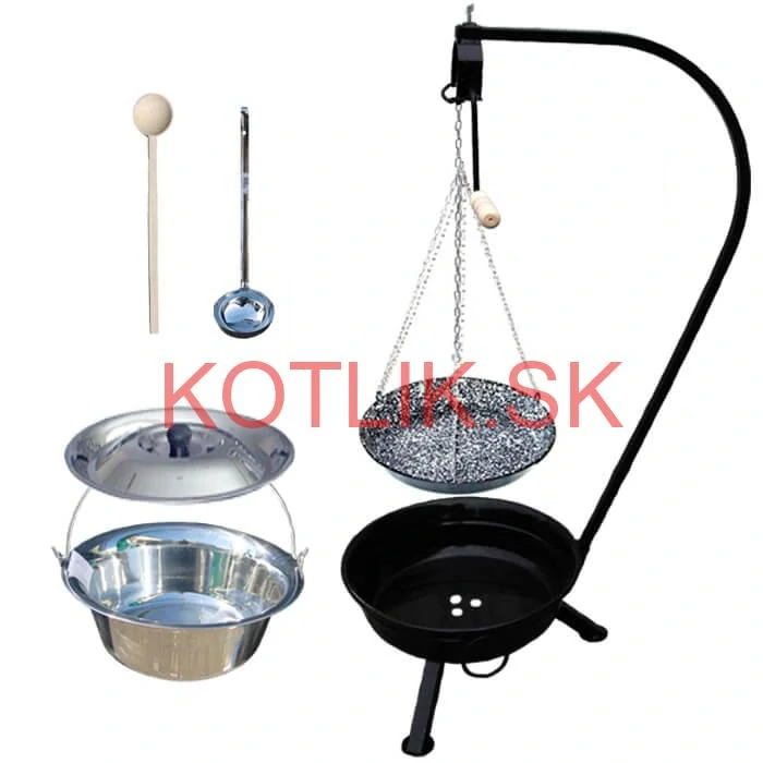 Nerezový kotlík 10 L (0,8 mm) INOX + smaltovaná panvica + ohnisko so stojanom a s poistnou kladkou VAR