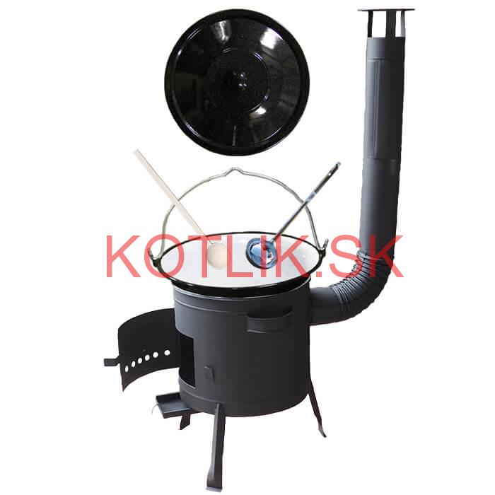 Smaltovaný kotlík 13 L + nízka žiaruvzdorná kotlina 36 cm PLUS 600 + vareška a naberačka