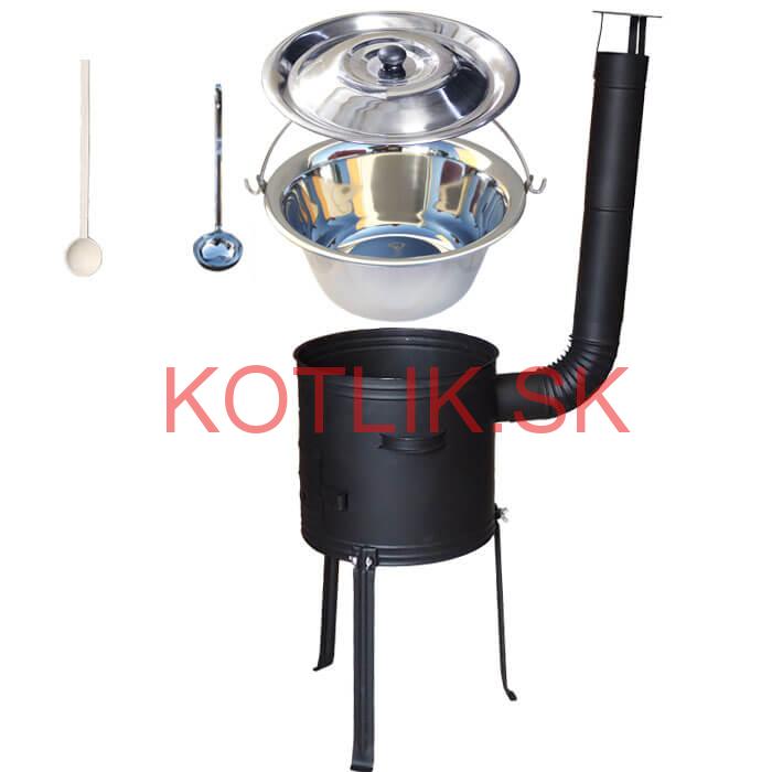 Antikorový kotlík 22 L (0,8 mm) + kovová kotlina s vysokými nožičkami 42 cm + vareška a naberačka