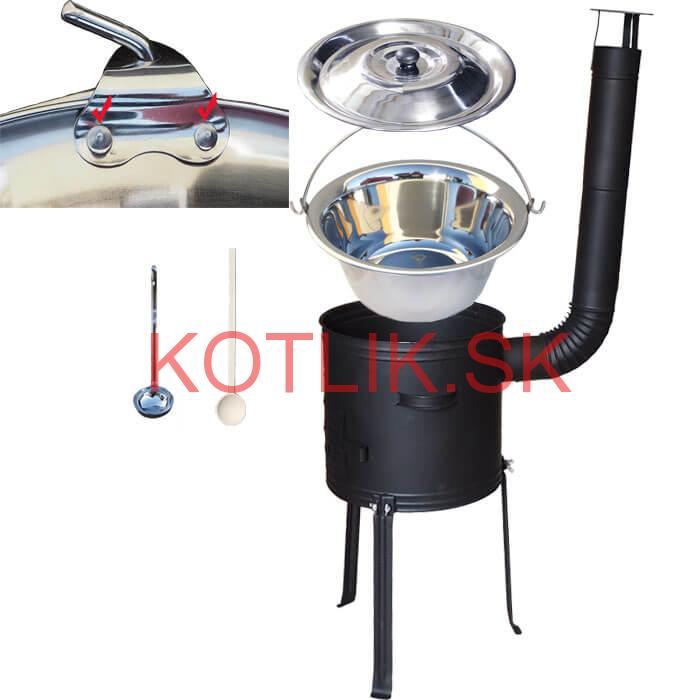 Antikorový kotlík 15 L (0,8 mm) zosilnený s nitmi + kovová kotlina s vysokými nožičkami 36 cm, žiaruvzdorná farba Plus 700 + vareška a naberačka