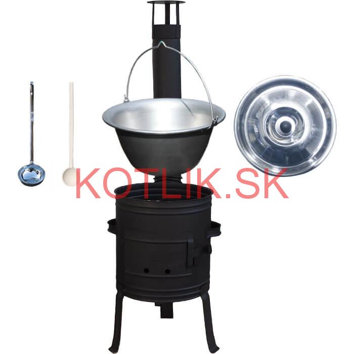 Nerezový kotlík 10 L (1,5 mm) + nízka žiaruvzdorná kotlina 33 cm PLUS 700 + vareška a naberačka