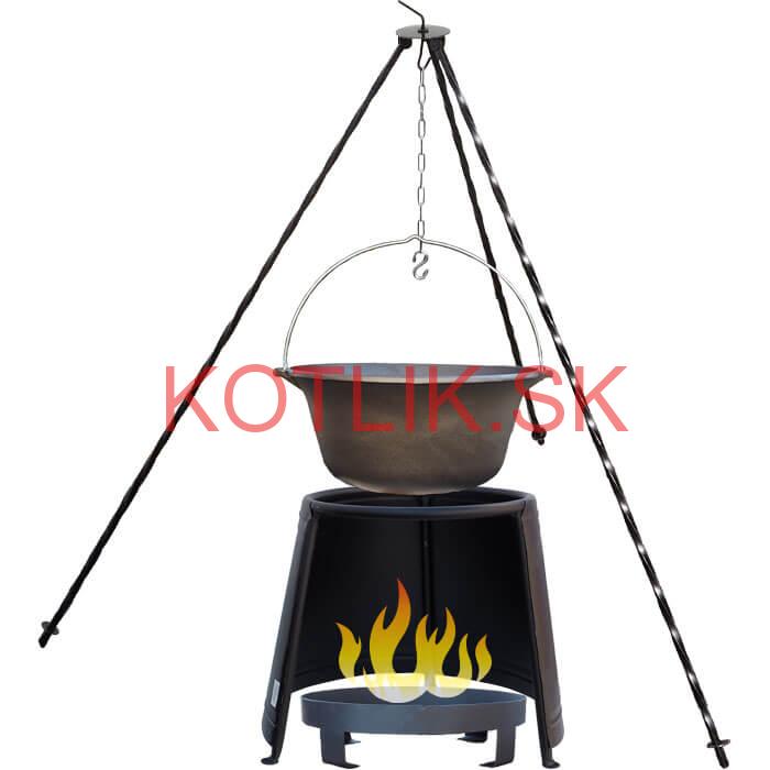 Liatinový kotlík 7,2 L + chránič plameňa 32 cm + ohnisko 36 cm + trojnožka 1,2 m