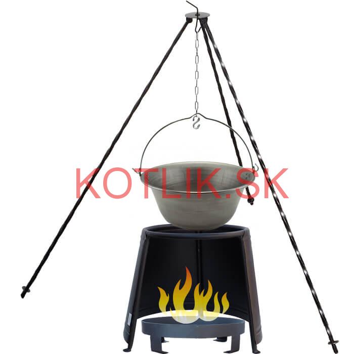 Železný kotlík 10 L (0,75 mm) + chránič plameňa 37 cm + ohnisko 36 cm + trojnožka 1,2 m