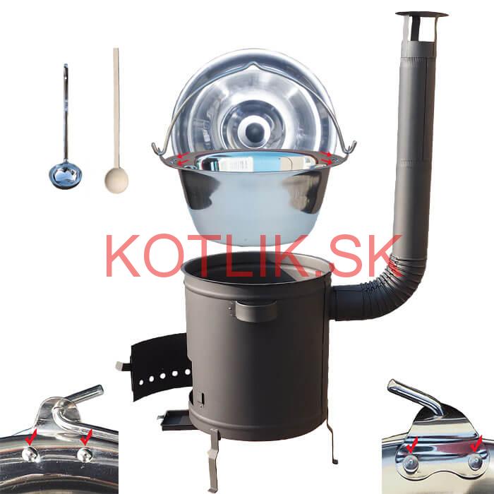 Nerezový kotlík 15 L (0,8 mm) zosilnený s nitmi + hrubostenná (1,5 mm) žiaruvzdorná kotlina 36 PLUS 600