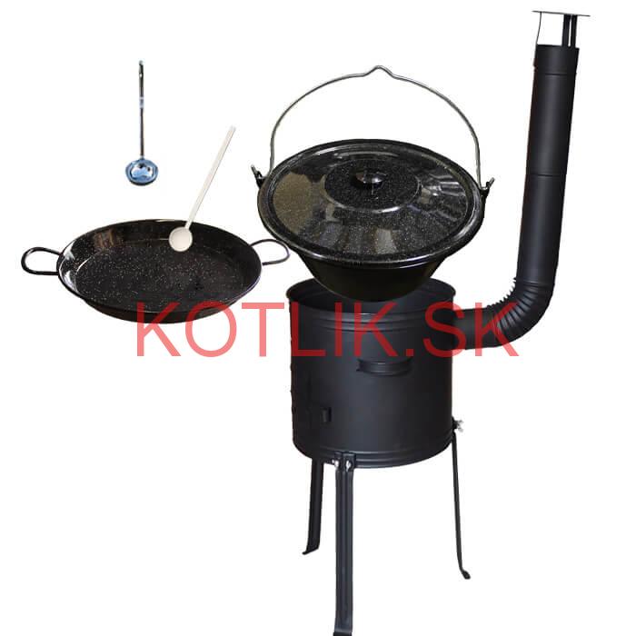 Smaltovaný kotlík 20 L + Paella panvica 46 cm + kovová kotlina s vysokými nožičkami 42 cm, žiaruvzdorná farba Plus 700