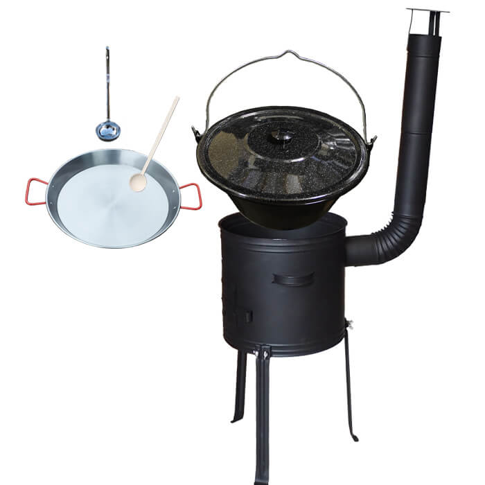 Smaltovaný kotlík 20 L + Paella panvica 46 cm + kovová kotlina s vysokými nožičkami 42 cm, žiaruvzdorná farba Plus 700