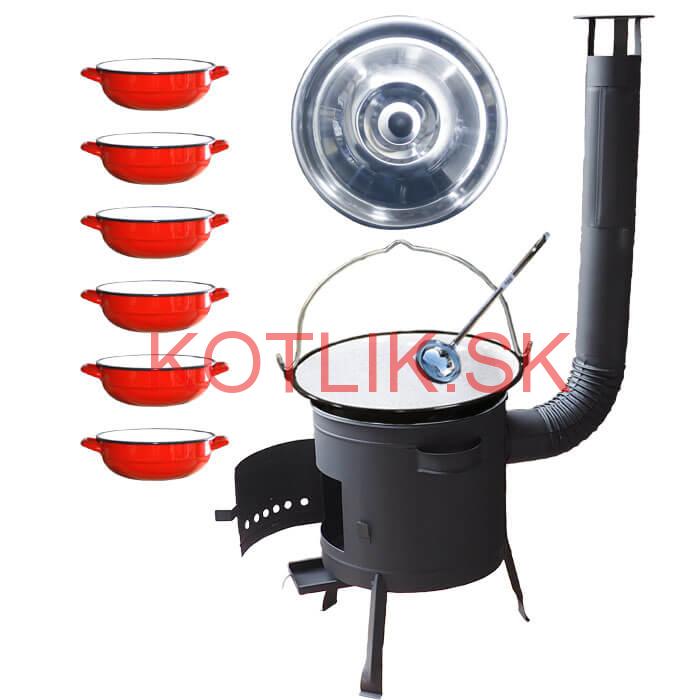 Smaltovaný kotlík 25 L + selské misky 6 ks + nízka žiaruvzdorná kotlina 42 cm PLUS 600