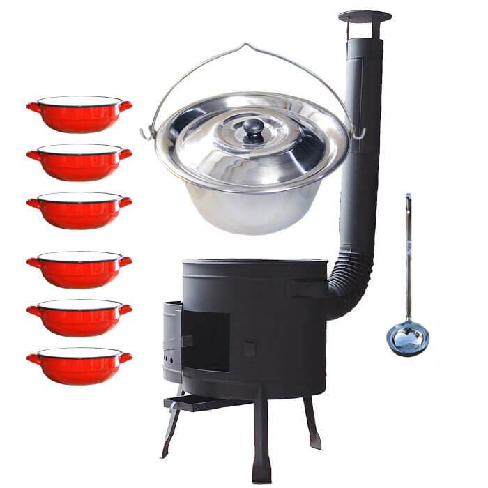 Nerezový kotlík 20 L (1,2 mm) INOX + selské misky 6 ks + nízka žiaruvzdorná kotlina 42 cm PLUS 600