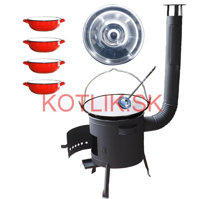 Smaltovaný kotlík 20 L + selské misky 4 ks + nízka žiaruvzdorná kotlina 42 cm PLUS 600