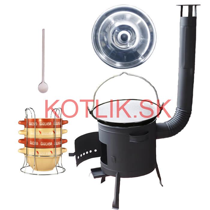 Smaltovaný kotlík 25 L (1,2 mm) + misky na guláš 4 ks + nízka žiaruvzdorná kotlina 42 PLUS 600