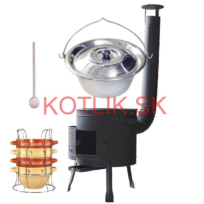 Nerezový kotlík 22 L (0,8 mm) INOX + misky na guláš 4 ks + nízka žiaruvzdorná kotlina 42 PLUS 600