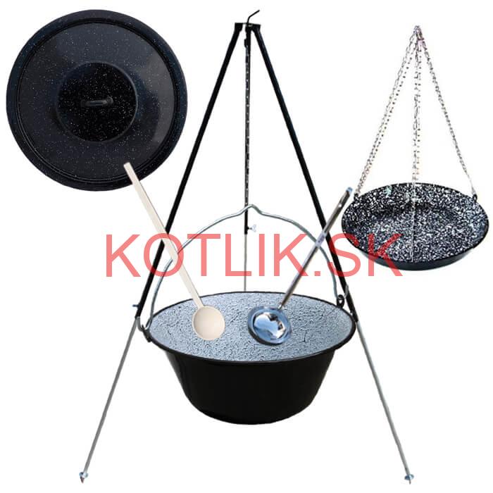 Smaltovaný kotlík 30 L + panvica na grilovanie + teleskopická trojnožka
