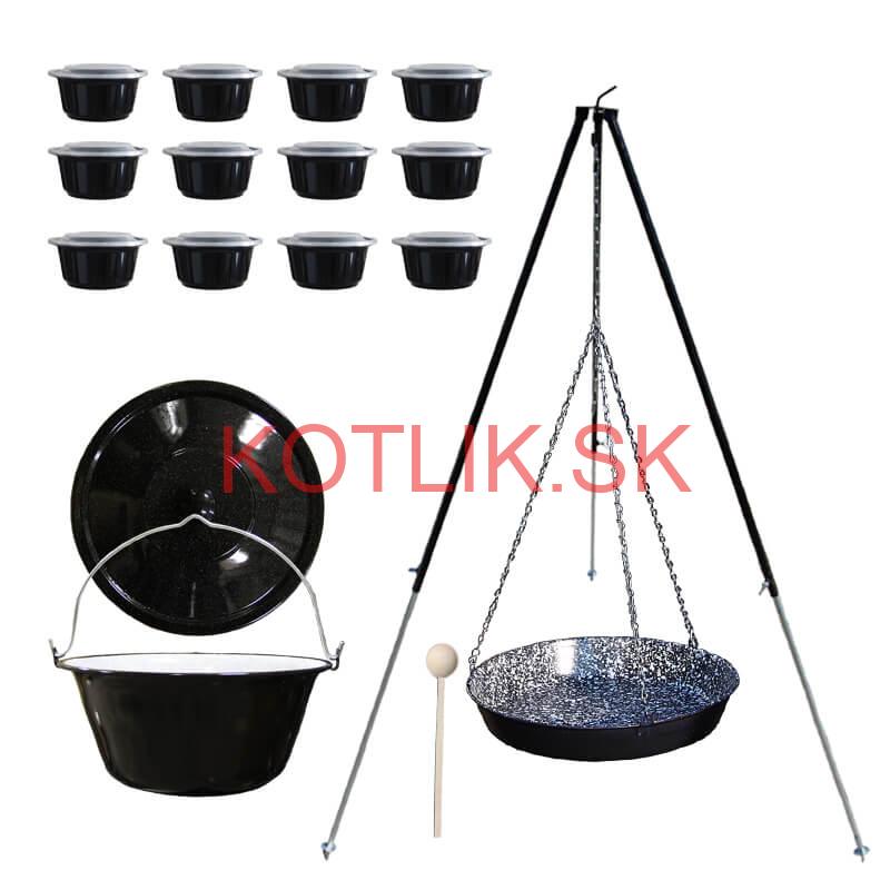 Smaltovaný kotlík 30 L + panvica na grilovanie + teleskopická trojnožka + misky 12 ks