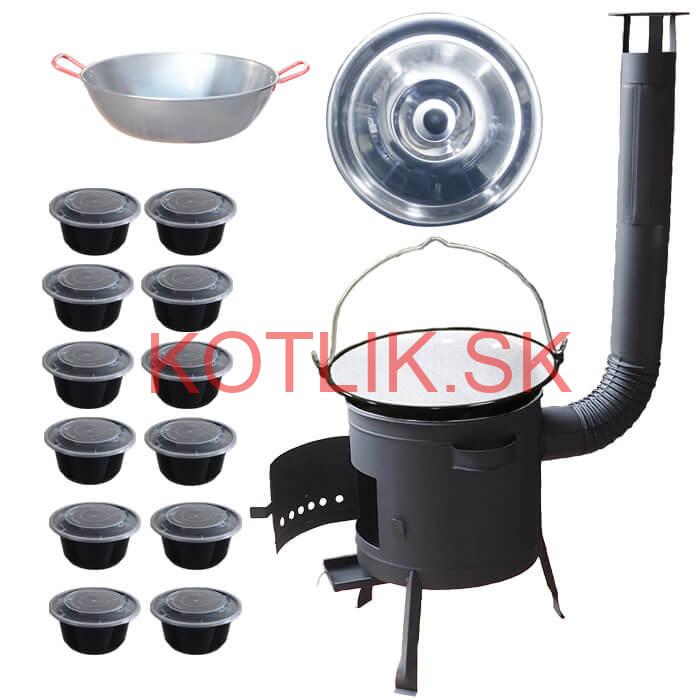 Smaltovaný kotlík 22 L + Panvica PAELLA (WOK) 45 cm + misky 12 ks + nízka kotlina 42 PLUS 600