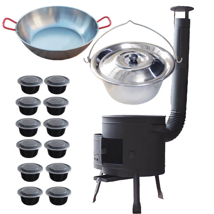 Nerezový kotlík 22 L (0,8 mm) INOX + Panvica PAELLA (WOK) 45 cm + misky 12 ks + nízka kotlina 42 PLUS 600