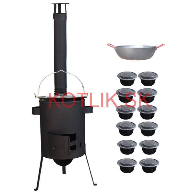 Smaltovaný kotlík 22 L + Panvica PAELLA (WOK) 45 cm + misky 12 ks + žiaruvzdorná kotlina 42 PLUS 600 s roštom na popol 4 mm