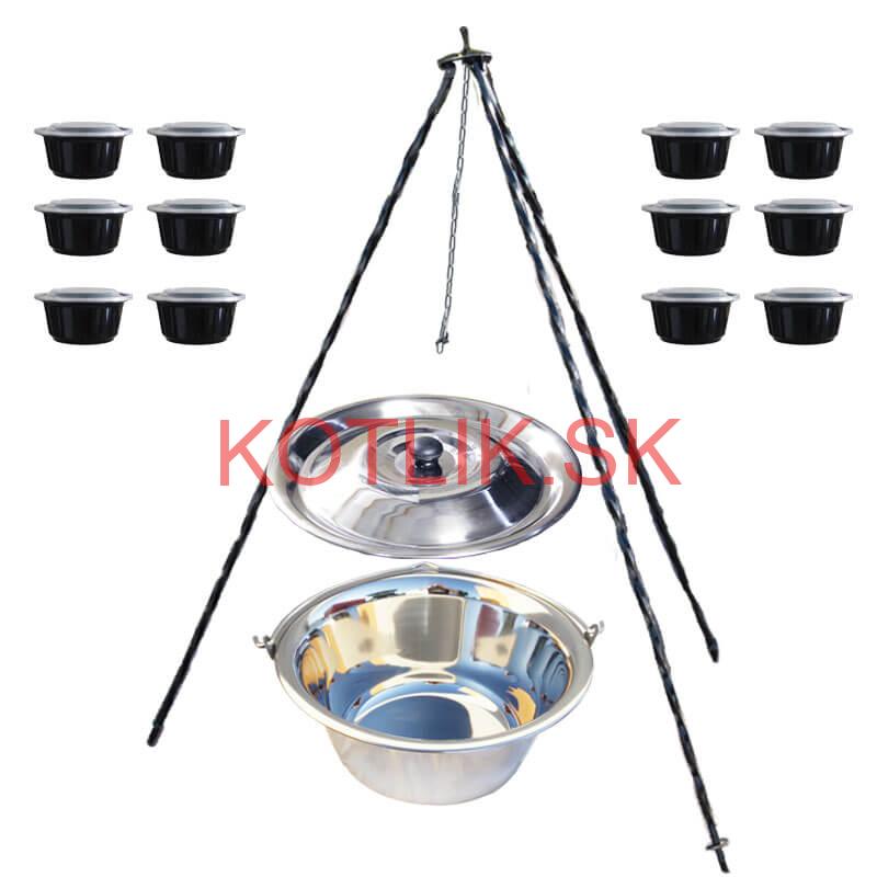 Nerezový kotlík 14 L (0,8 mm) + antikorová pokrievka + stojan + misky 12 ks