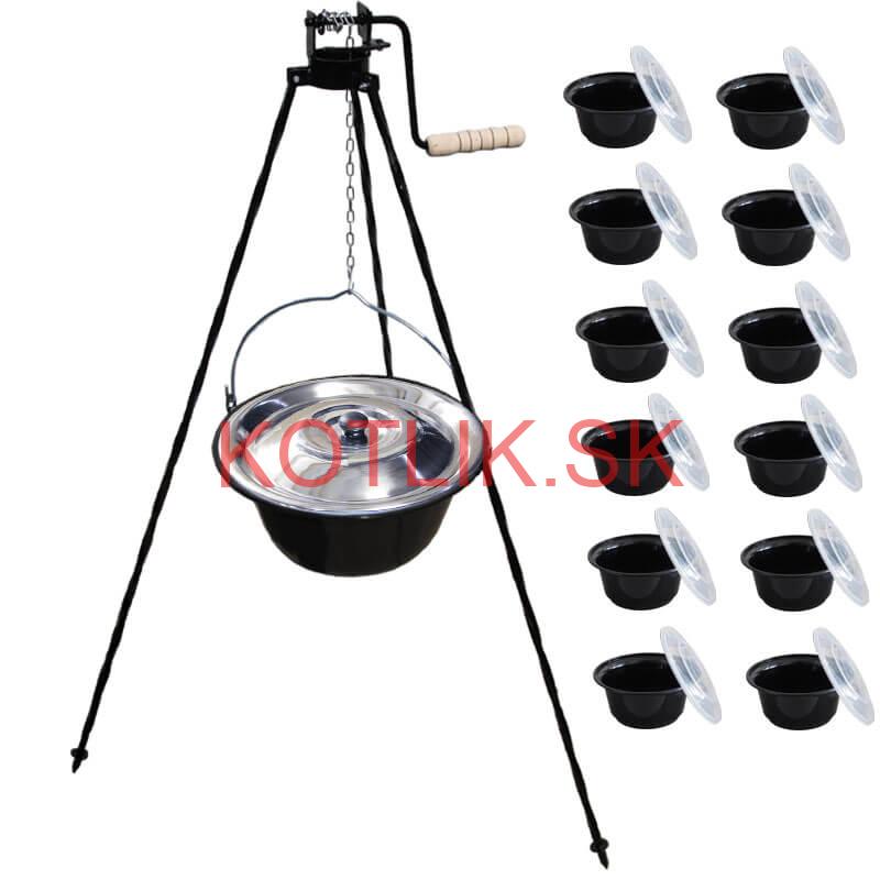 Smaltovaný kotlík 20 L + stojan s kladkou VAR + misky 12 ks