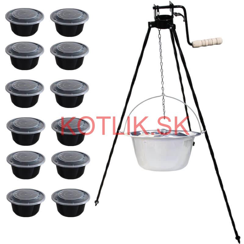 Nerezový kotlík 20 L (0,8 mm) + stojan s kladkou VAR + misky 12 ks