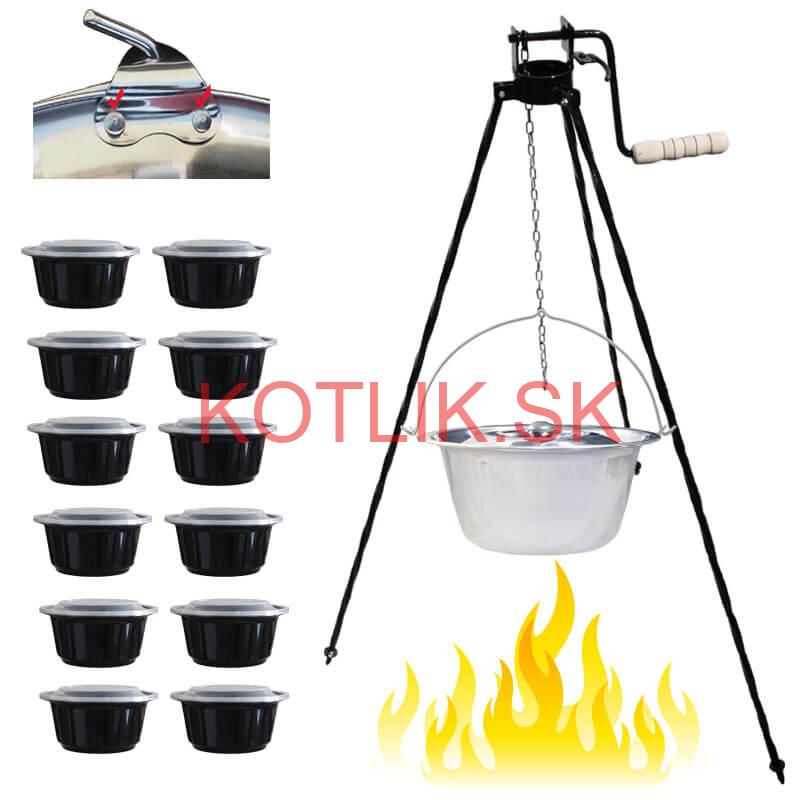 Antikorový kotlík 15 L (0,8 mm) s nitmi + stojan s kladkou VAR + misky 12 ks