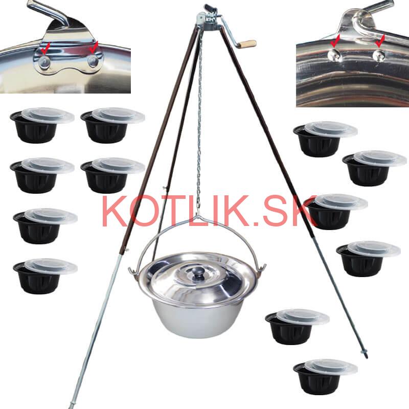 Antikorový kotlík 30 L (0,8 mm) s nitmi + teleskopická trojnožka s poistnou kladkou + misky 12 ks