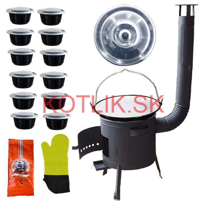 Smaltovaný kotlík 22 L (1,2 mm) + misky 12 ks + nízka žiaruvzdorná kotlina (1,0 mm) 42 PLUS 600