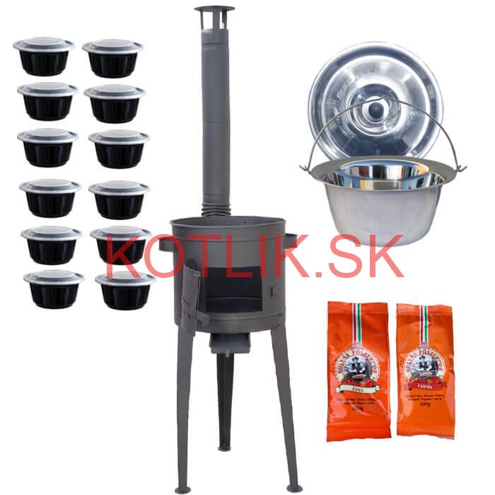 Nerezový kotlík 22 L (0,8 mm) INOX + vysoká žiaruvzdorná  kotlina 42 cm PLUS 600 + misky 12 ks + 2 x korenie na guláš 100 g