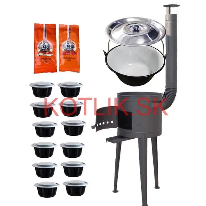 Smaltovaný kotlík 22 L (1,2 mm) + vysoká žiaruvzdorná kotlina (1,5 mm) HODO 42 cm PLUS 600 + misky 12 ks + 2 x korenie na guláš 100 g