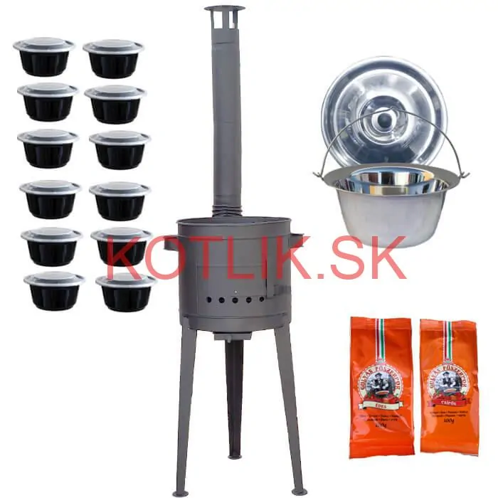 Nerezový kotlík 22 L (0,8 mm) INOX + vysoká žiaruvzdorná kotlina (2,0 mm) HODO 42 cm PLUS 600 + misky 12 ks + 2 x korenie na guláš 100 g