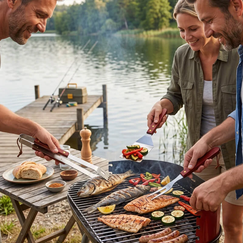 Grilovacie náradie BBQ – súprava 3 ks, nerez a drevo, 33 cm
