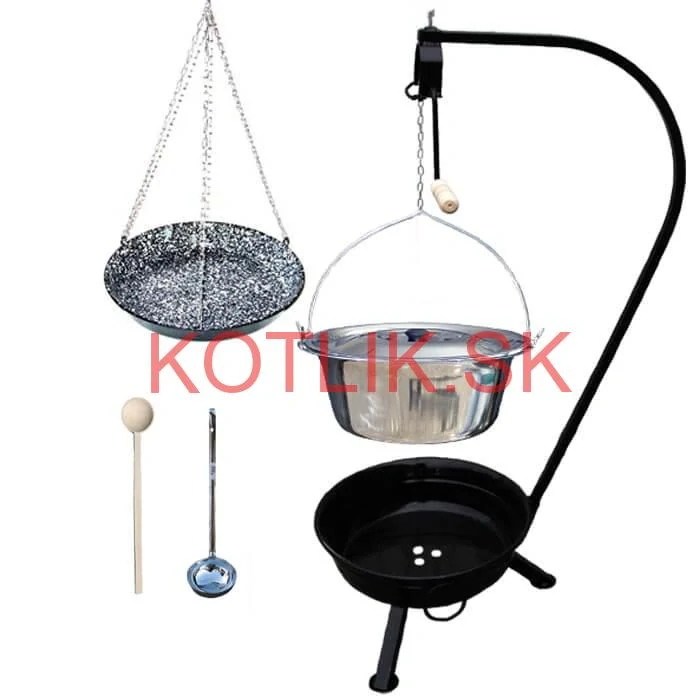 Nerezový kotlík 10 L (0,8 mm) INOX + smaltovaná panvica + ohnisko so stojanom a s poistnou kladkou VAR